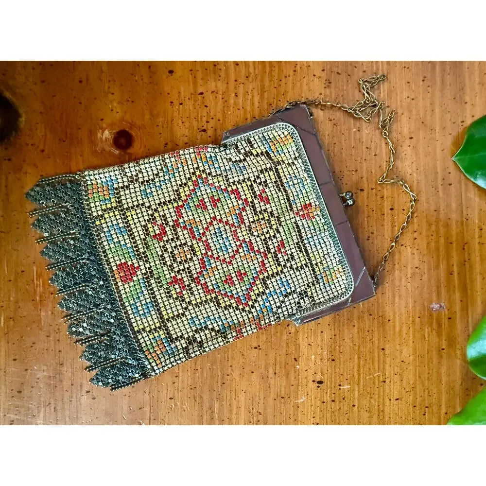 Vintage Whiting & Davis Mesh Purse, Art Deco Enamel Mesh Bag, Mandalian Style - Picture 1 of 10